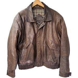 Vintage Leather Jacket Mens XL Brown Distressed Bomber Korea Made Plaid Lined